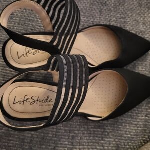 Life Stride Black Pointed Toe Flats with Striped Ankle Strap